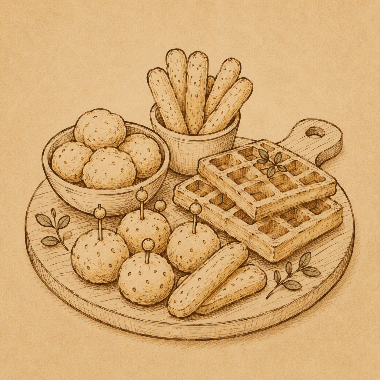 Illustration d’un service apéritif avec bouchées, sticks et gaufres